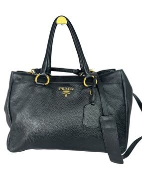 Prada Black Pebbled Leather Tote Bag with Gold Hardware